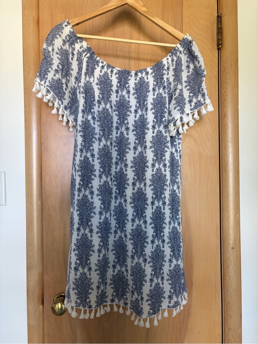 Heartloom Dress Gauze White with Navy Tassel Trimmed